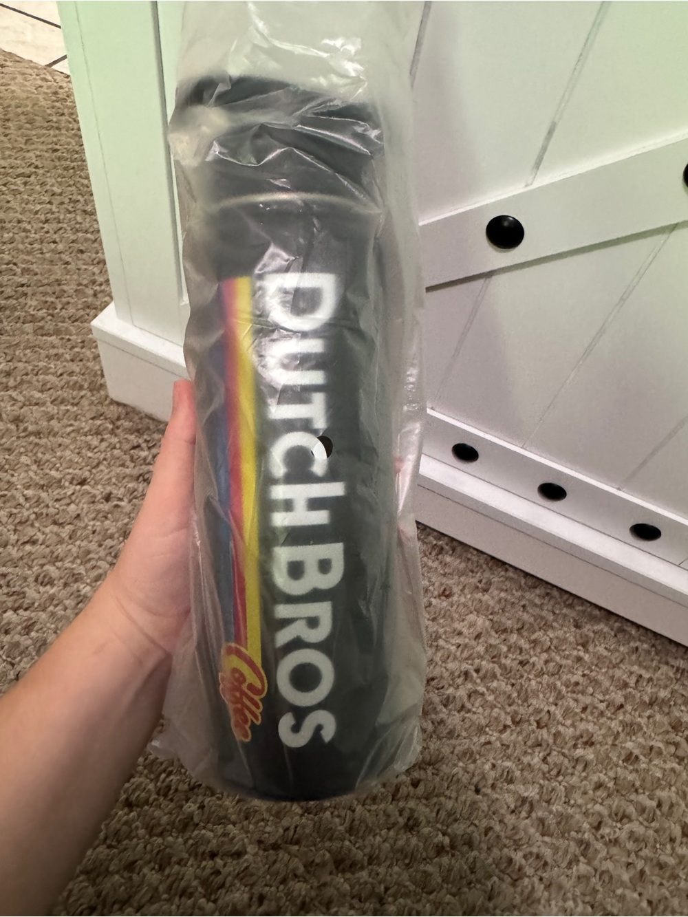Dutch Bros Black Tumbler with Rainbow Stripe Accent